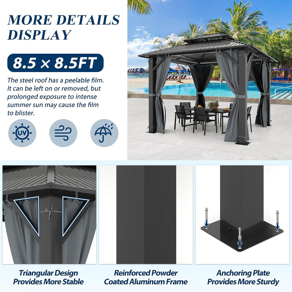 8.5'X8.5' Outdoor Galvanized Steel Hardtop Gazebo