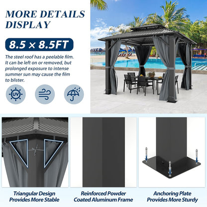 8.5'X8.5' Outdoor Galvanized Steel Hardtop Gazebo