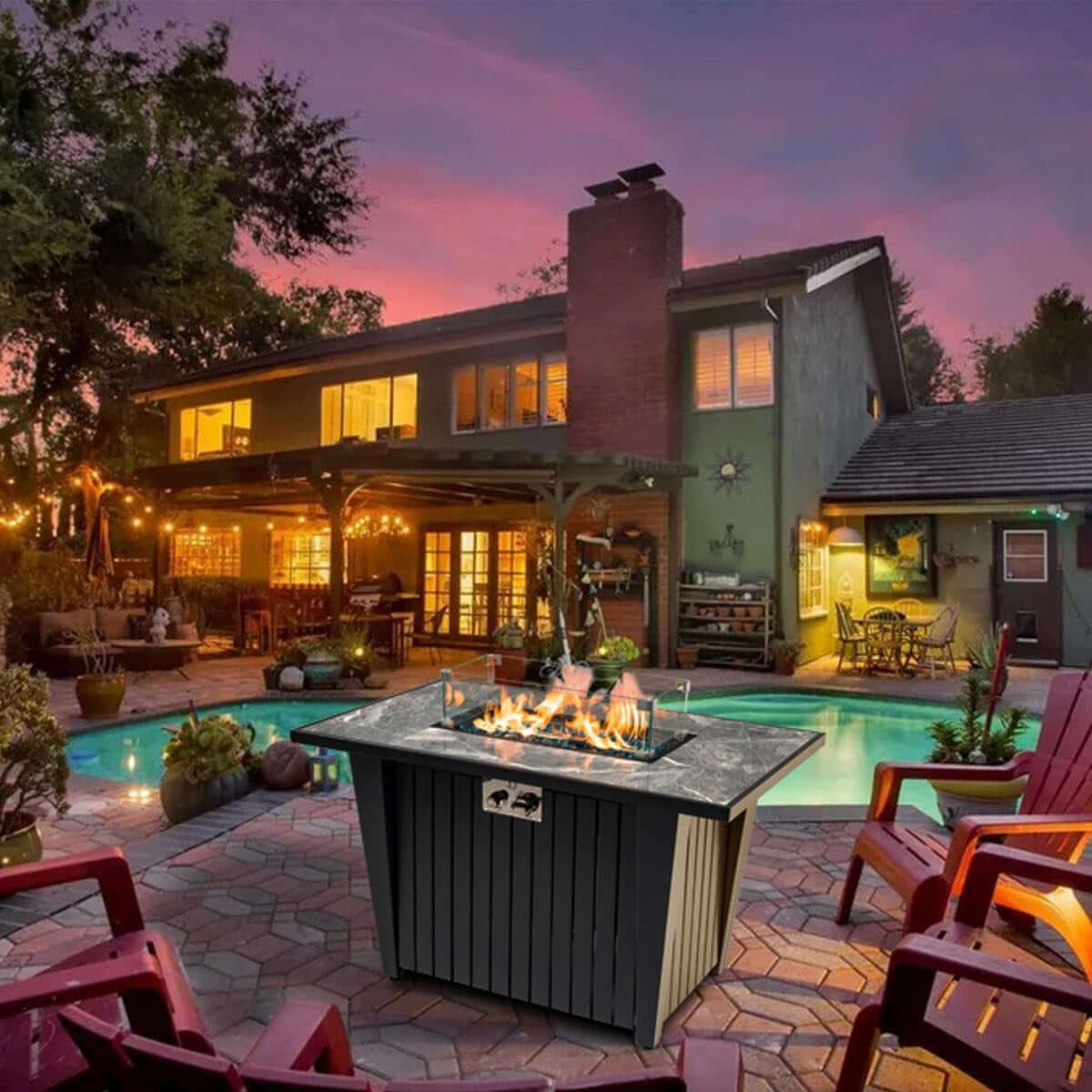 42-Inch Propane Fire Pit Table with Marble-Look Ceramic Top
