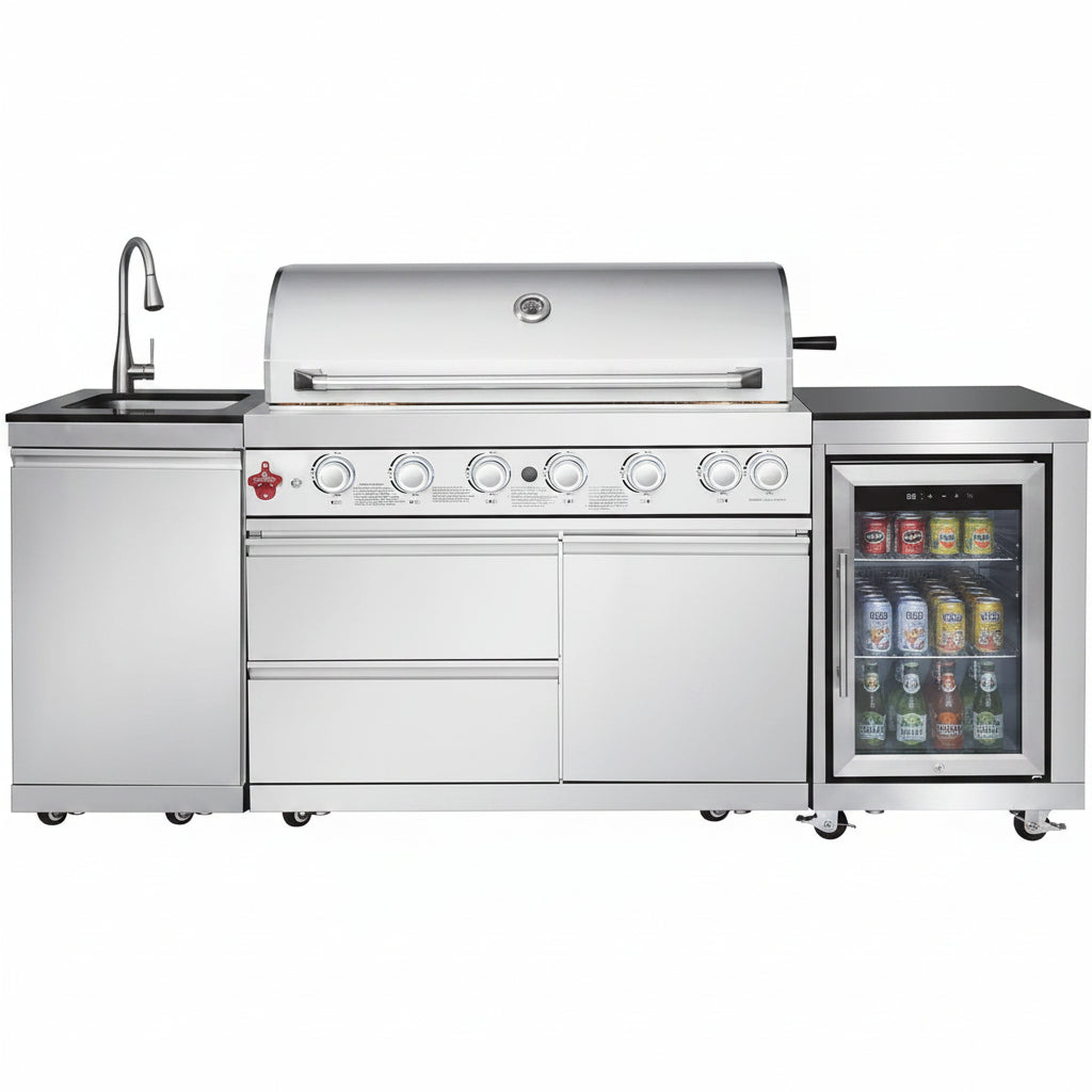 Outdoor Kitchen Island with Built in Grill, 6 Burner 83500 BTU Stainless Steel Gas Barbecue Island, Patio Cooking Station with Sink & Wine Cooler, Built in Grill Island for Backyard (Silver)