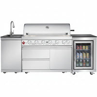 Outdoor Kitchen Island with Built in Grill, 6 Burner 83500 BTU Stainless Steel Gas Barbecue Island, Patio Cooking Station with Sink & Wine Cooler, Built in Grill Island for Backyard (Silver)