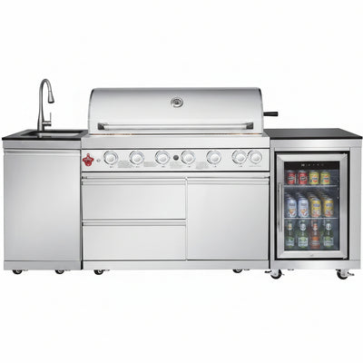 Outdoor Kitchen Island with 6-Burner Grill, Refrigerator & Sink – 83,500 BTU