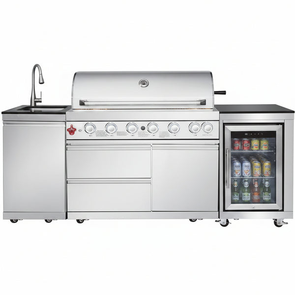 Outdoor Kitchen Island with Built in Grill, 6 Burner 83500 BTU Stainless Steel Gas Barbecue Island, Patio Cooking Station with Sink & Wine Cooler, Built in Grill Island for Backyard (Silver)