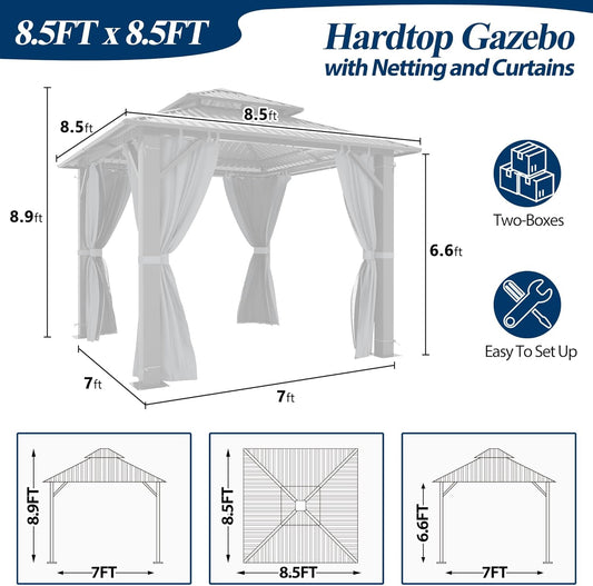 8.5'X8.5' Outdoor Galvanized Steel Hardtop Gazebo