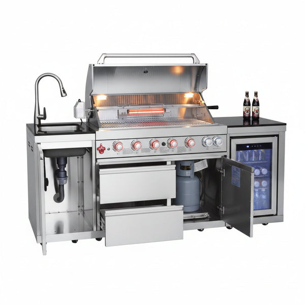 Outdoor Kitchen Island with 6-Burner Grill, Refrigerator & Sink – 83,500 BTU