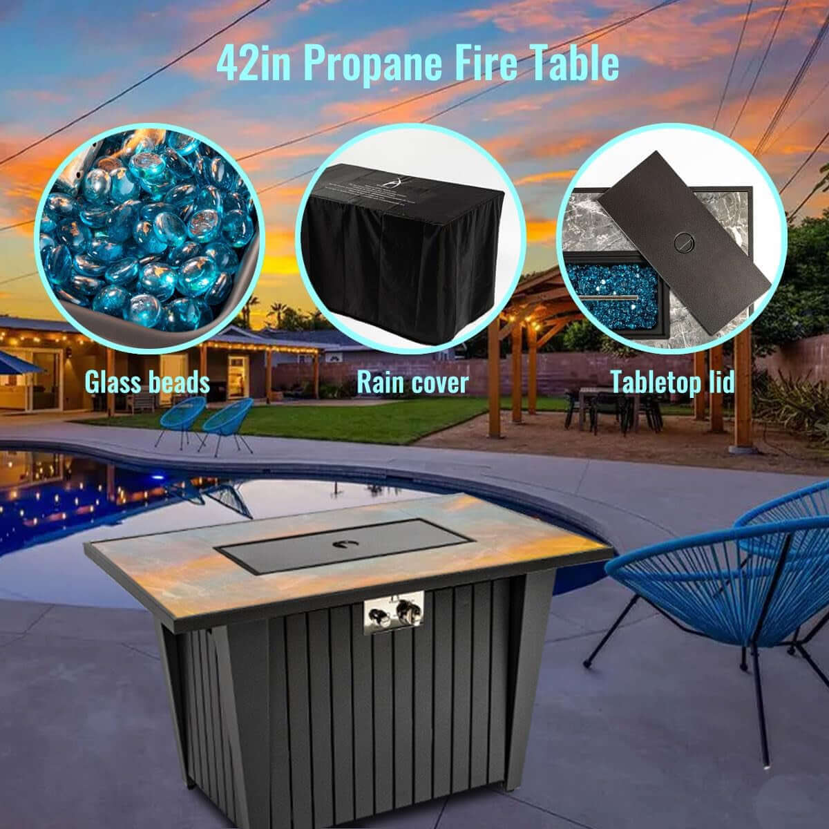42-Inch Propane Fire Pit Table with Marble-Look Ceramic Top