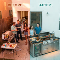 Modular Outdoor Kitchen BBQ Island, 104" Outdoor Kitchen Propane Gas Island Grill with Sink, Compact Refrigerator, Storage Cabinets, Rotisserie Kit (Silver, 104") — Before & After