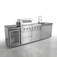 Modular Outdoor Kitchen BBQ Island, 104" Outdoor Kitchen Propane Gas Island Grill with Sink, Compact Refrigerator, Storage Cabinets, Rotisserie Kit (Silver, 104") — Studio Shot