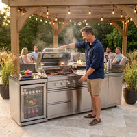 Modular Outdoor Kitchen BBQ Island, 104" Outdoor Kitchen Propane Gas Island Grill with Sink, Compact Refrigerator, Storage Cabinets, Rotisserie Kit (Silver, 104") — Lifestyle