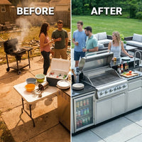 Outdoor Kitchen Island Built for Complete Entertaining, 72000 BTU 4-Burner Grill, Granite Countertops, Refrigerator — Before & After