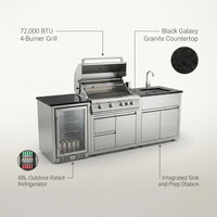 Outdoor Kitchen Island Built for Complete Entertaining, 72000 BTU 4-Burner Grill, Granite Countertops, Refrigerator — infographic