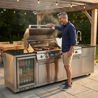 Outdoor Kitchen Island Built for Complete Entertaining, 72000 BTU 4-Burner Grill, Granite Countertops, Refrigerator — Lifestyle